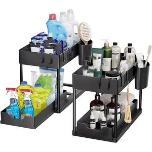 Étagère coulissante double couche pour évier de cuisine, type sur pied, pour rangement d'épices et d'assaisonnements sur comptoir, en plastique durable - Product Image 4