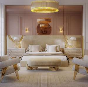 Lit de mariage design de tête de lit en laiton de luxe italien Mobilier de chambre à coucher de luxe Ensemble de lits en tissu nubuck Lit King Size rembourré - Product Image 3