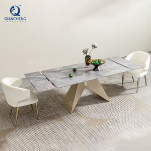 Juego de muebles de comedor retráctiles de gran tamaño modernos italianos rentables Mesa de comedor compuesta de piedra sinterizada de vidrio templado - Product Image 1