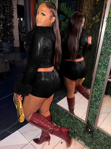 Nuovi Arrivi Primavera 2026: Completo Donna Due Pezzi con Top Corto a Maniche Lunghe in Pelliccia e Shorts <span class=keywords><strong>Aderenti</strong></span>, Abbigliamento Sexy da Club - Product Image 5