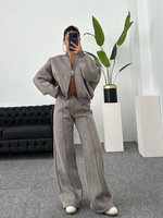 Gran oferta moda Otoño señora logotipo personalizado ropa de ocio traje al por mayor cremallera sólido cárdigan pantalones 2 uds conjunto de ropa de mujer