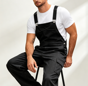 Salopette noire en velours côtelé pour <span class=keywords><strong>homme</strong></span>, bretelles réglables, poche avant, coupe ample et jambe <span class=keywords><strong>large</strong></span> - Product Image 5