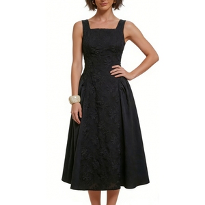 Vestido midi de jacquard floral con cuello cuadrado para mujer - Vestidos de cóctel sin mangas con corte en A a la moda - Product Image 1