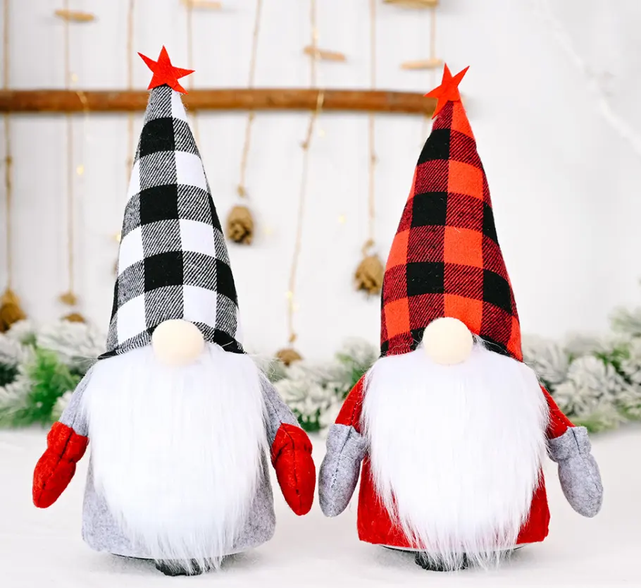 Новинка 2022, светодиодные рождественские украшения для кукол, красный, черный клетчатый снеговик, светящиеся плюшевые куклы, стоячие электрические рождественские игрушки, плюшевый Гном