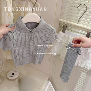 Tongxingyuan Girls Knit Polo Top And Skirt Set Gray Summer Outfit For Children - Product Image 1