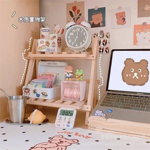 Wooden Desktop Storage Rack Double Layer Adjustable Shelf For Student Dorm <b>Desk</b> <b>Solid</b> <b>Wood</b> Material - Product Image 2