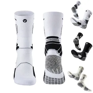 Men Sport Socks Anti Slip Custom Logo Running Camping Compression Cushioned Athletic Grip Socks Crew Length