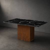 Table à manger moderne de haute qualité avec plateau en marbre noir et base en métal rouillé, personnalisable, 6 places, rectangulaire, pour maison ou villa