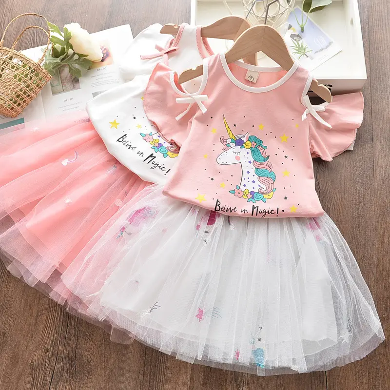 2019 Latest Pink Design Hot Sale Unicorn Skirt Fall Wholesale Girls Boutique African Kids Clothing Set