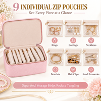 Boîte de rangement à bijoux de voyage en cuir PU rectangulaire avec logo personnalisé, 9 pochettes transparentes amovibles avec fermeture éclair, doublure en velours doux, portable