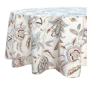 Benutzer definierte Druck designs 147cmR Polyester Baumwoll stoff Blumen block druck Tischdecken Runde Hochzeit Elfenbein Tischdecke