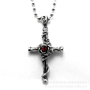yunnique Stainless Steel Cross Pendant With Rose Design Bezel Setting For Gift <b>White</b> Red Black Diamond Options - Product Image 3