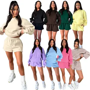 WWS-06 Boxy fit polyester cotton women hoodie and shorts set solid color female pullover and short sweatpants