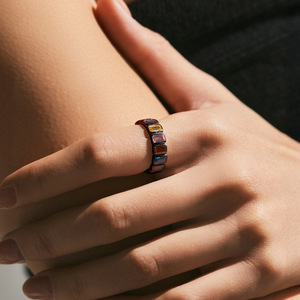 S925 Silver Geometric <b>Ring</b> Black Rhodium Plated Bezel Set <b>Crystal</b> Rhinestone Unisex Everyday Wear Trendy Gemstone Band - Product Image 4