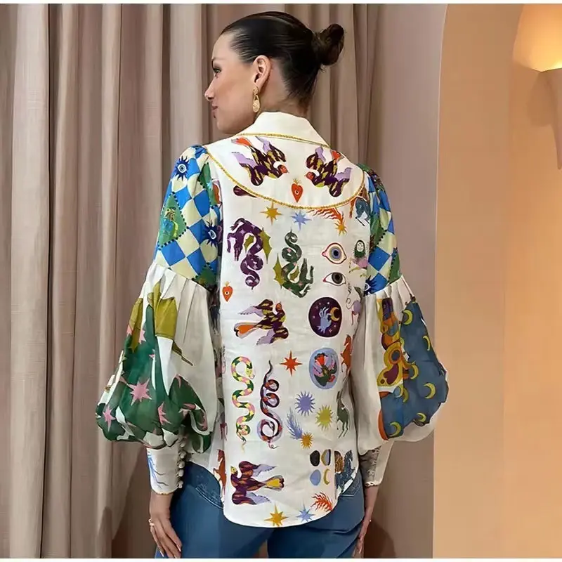 2024 New Design Single Breasted Lapel Print Lantern Sleeve Temperament Long Shirt for Women