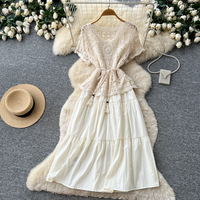 Ensemble haut à manches courtes en dentelle crochetée et jupe midi à volants taille haute pour femme – Tenue décontractée pour le quotidien et les vacances