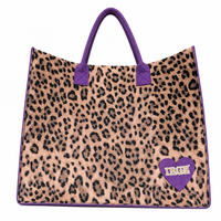 Sac fourre-tout en feutre imprimé léopard avec poignées violettes et patch cœur IRCE, sac à main de shopping tendance à ouverture supérieure