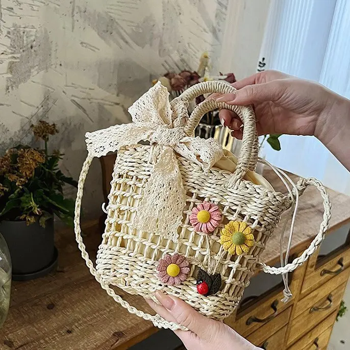 Two Color Available Lace Bow Tied Rope Small Flower Decoration Handmade Straw Beach Vacation Picnic Square Mini Shoulder Bag