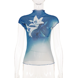 Floral Print Gradient Vintage Mesh T-Shirt Elegant Slim Fit Mock Neck Short Sleeve <b>Top</b> Women - Product Image 6