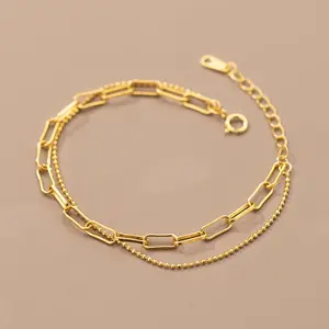 Minimalistische 925 Sterling Zilveren Dubbellaags Armband 18K Goud Paperclip Ketting Armband Voor Dames