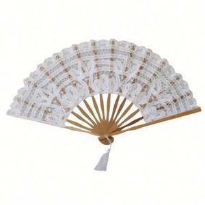 Abanico de Encaje de Bambú y Algodón Europeo en Blanco, Negro y Beige, 27 cm de Largo, Regalo de Boda - Product Image 1