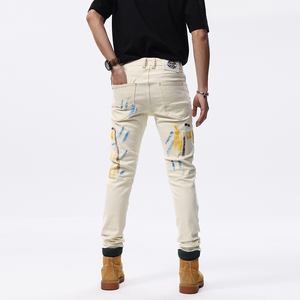 Pantalones Vaqueros Ajustados de Hombre Estilo Retro Americano con Graffiti de Motocicleta, Elásticos, con Parches, a la Moda, Juveniles, Hip Hop - Product Image 3