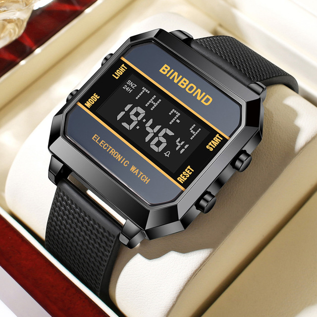 Binbond D081 Mens Sports Leisure Fashion Alloy Case 3ATM Waterproof Digital Electronic Movement Silicone Strap Digital Watch