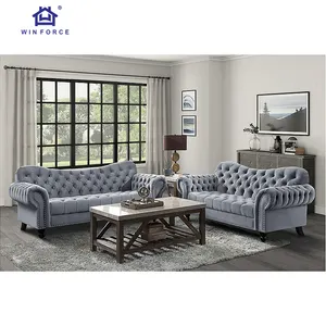 Winforce Modern Design Elegant Chesterfield Sofa Set Gray Nordic Style Luxury Italian Velvet Sofa Set Furniture Living Room