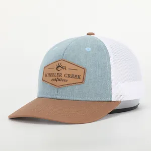 BSCI Oem под заказ, высокое качество, 6 панелей, синяя джинсовая кожаная нашивка с логотипом Gorras Mesh Snap Back 112, Кепка-тракер - Product Image 1