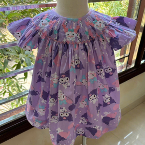 Vestido de Algodón para Niñas con Estampado de Conejo Morado, Estilo Boutique, Bordado a Mano, Mangas con Volantes - Product Image 4