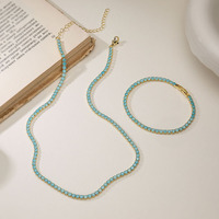 LUOXIN Factory Hot Sale Fashion 3mm Ice Flower Zircon Tennis Bracelet Necklace Set Luxury Candy Color Pave Diamond Jewelry Set