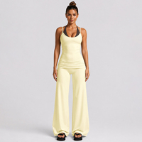 Ensemble de yoga 2 pièces : Débardeur double couche à fines bretelles et pantalon évasé taille haute pliable, 75% Nylon 25% Spandex, Tenue d'entraînement