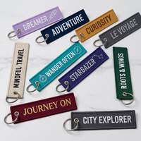 Porte-clés personnalisé en polyester avec étiquette tissée brodée, anneau en tissu, étiquette brodée « Remove Before Fly »