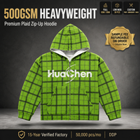 Sweat-shirt à capuche vert à carreaux personnalisé pour homme, coupe ample, fermeture éclair intégrale, épaules tombantes, style streetwear, marque privée, fabricant ODM OEM