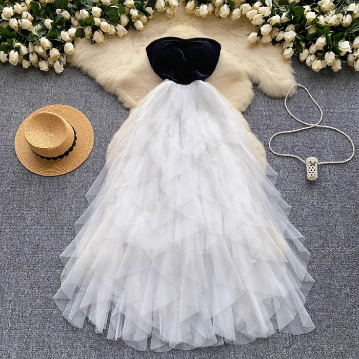New Stylish Color Block Black White Tube Mesh Ruffles Evening Dress Women's  Fairy Party Dresses Clothing Wholesale| Alibaba.com