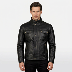 SAAR INDUSTRIES Men's <b>Black</b> Genuine Leather Coated Slim Fit Vintage Cafe Racer Streetwear Motorcycle Jacket Front Windproof - Product Image 1
