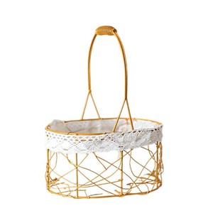 Handheld Wire Flower <b>Basket</b> 22x14x11cm Gold Frame With Lace Lining Storage <b>Basket</b> For Valentine's Day Decor - Product Image 4