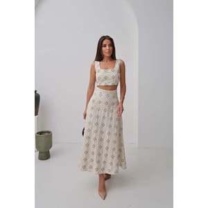 Conjunto de Dos Piezas Bordado de Lino para Mujer, Color Beige, Transpirable, Atuendo de Verano - Product Image 4