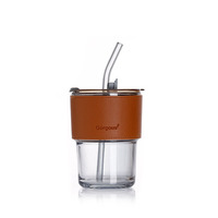 Nouveauté : Mug à café portable de 450 ml (15 oz) avec manchon en cuir gris ambré, paille et couvercles pour vos besoins en matière de vaisselle