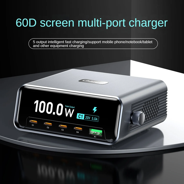 New 100W GaN Smart Multi Port Charger Desktop Charger USB-C 5-Port 4C1A Fast Charge for Phones & Tablets