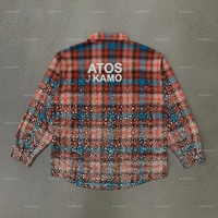 Kemeja motif pria grosir kaus flanel berlian imitasi kancing bawah lengan panjang kotak-kotak merah dan biru kebesaran kemeja flanel berlian imitasi katun
