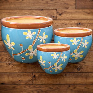Ensemble de pots à fleurs modernes légers en céramique, design floral bleu, émaillé, pour l'intérieur et l'extérieur, 3 pièces - Product Image 1