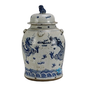 Vase de sol en céramique bleu et blanc peint à la main, style antique traditionnel, série RZEY12, avec bouton en forme de lion - Product Image 1