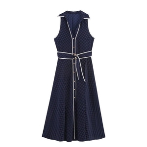 여름 우아한 네이비 폴카 도트 민소매 원피스 흰색 민소매 섹시 스트랩 관점 랩 힙 드레스 - Product Image 1