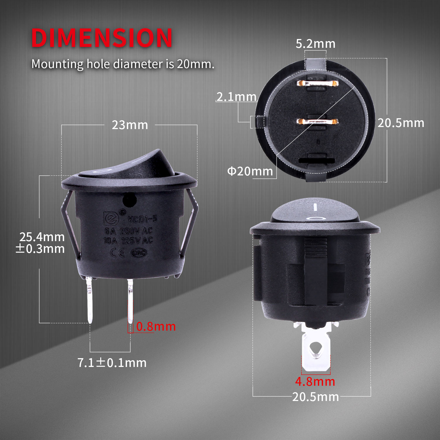 Daiertek KCD1-5-101 SPST ON-OFF 15A /20A 125V/250V 2 Way 2 Pin Black Housing Round Small Rocker Switch With O I Marked