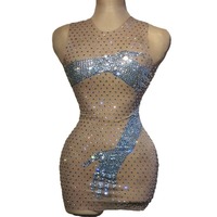 Robe de soirée mi-mollet en cristal faite à la main Nfs785 pour femme, argent naturel, scintillante, tenue de fête, motif à pois, décorée de plumes