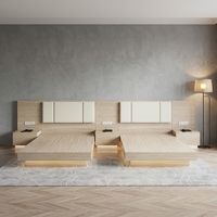 Melamin California King Hotel Schlafzimmer-Möbelset LED Schwebendes Bettgestell Weich Gepolstertes Kopfteil Nachttisch Modern