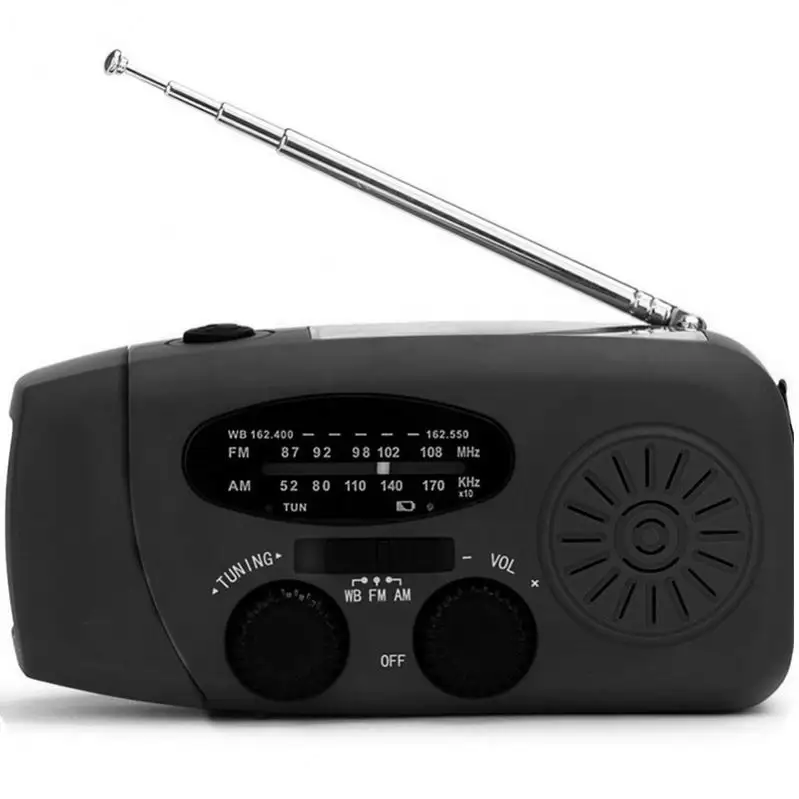 CJ64 Dinamo LED tenaga surya, senter Mini Radio FM WB saku Dab NOAA AM FM SW WB