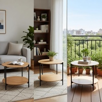 Table basse ronde moderne minimaliste durable à 2 niveaux avec structure en métal noir et rangement double couche pour la maison