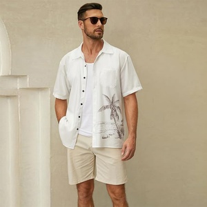 <b>Men's</b> Custom Logo Breathable ODM Stand Collar Causal Short Sleeves 100% Cotton <b>Silk</b> Screen Printed Summer Beach Vacation <b>Shirts</b> - Product Image 3